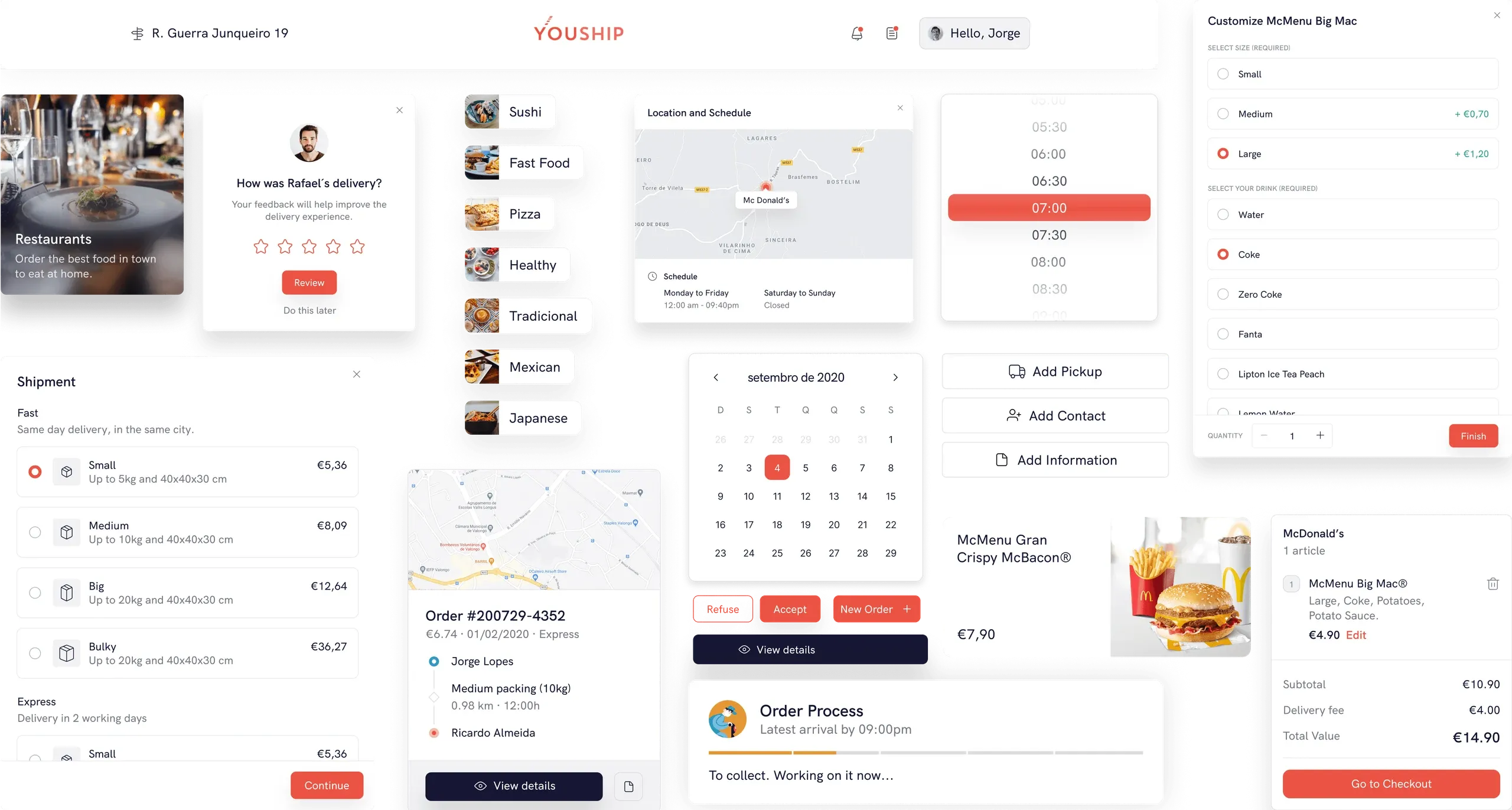 YouShip web app design system components: cards, a calendar, a map, shipment options and an order summary