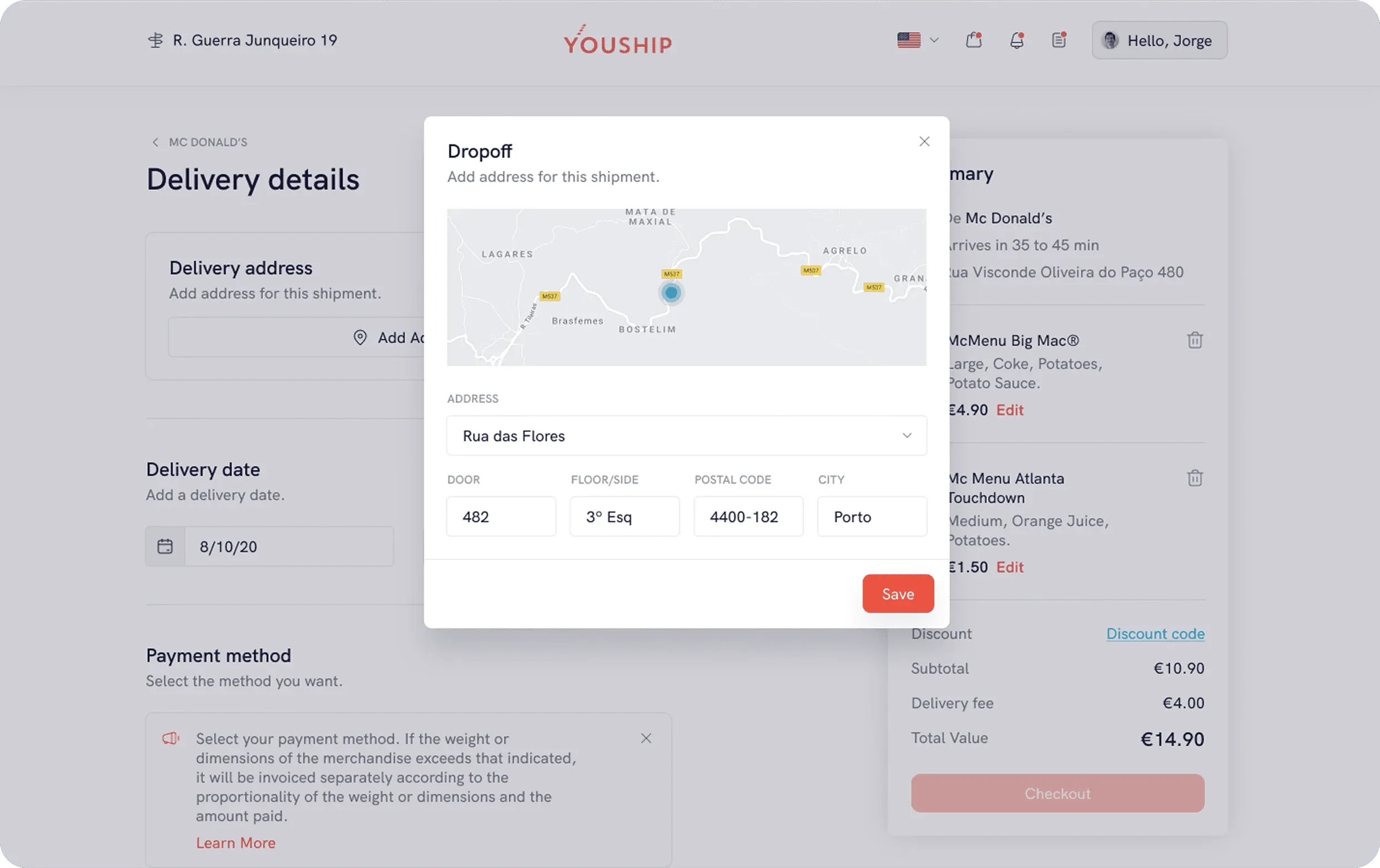 YouShip web app dropoff address dialog over the delivery details