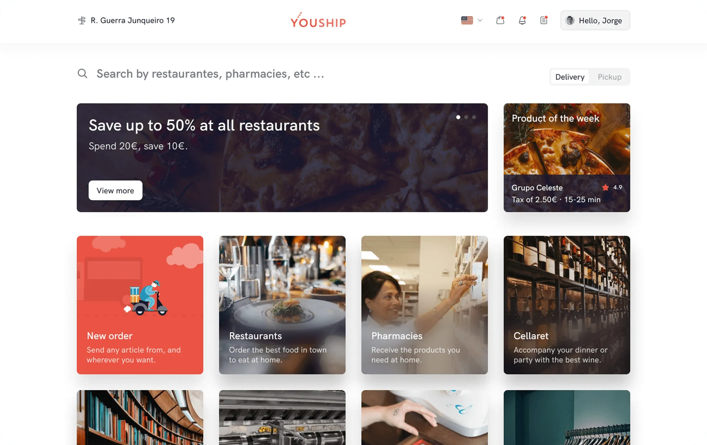 YouShip web app home with a restaurant promotion and categories
