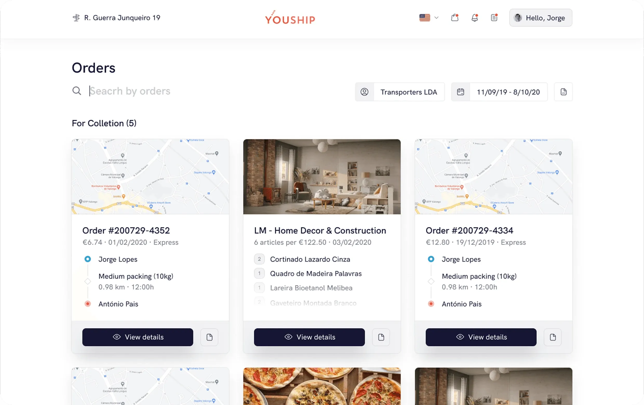 YouShip web app orders list for a transporter