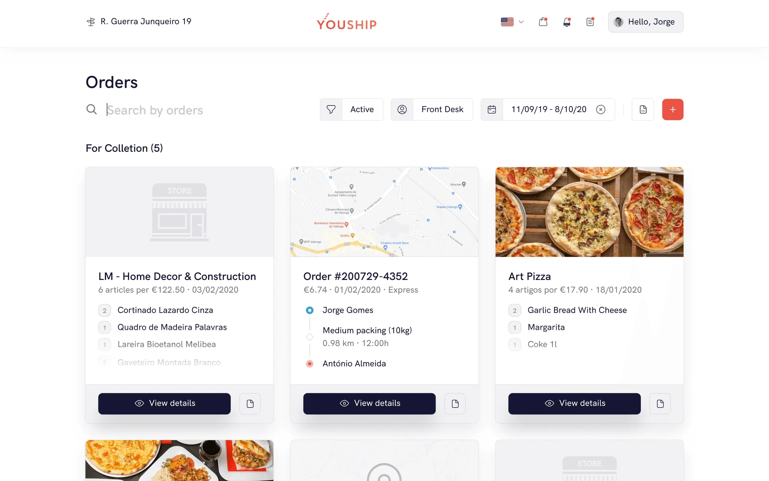YouShip web app orders list for collection