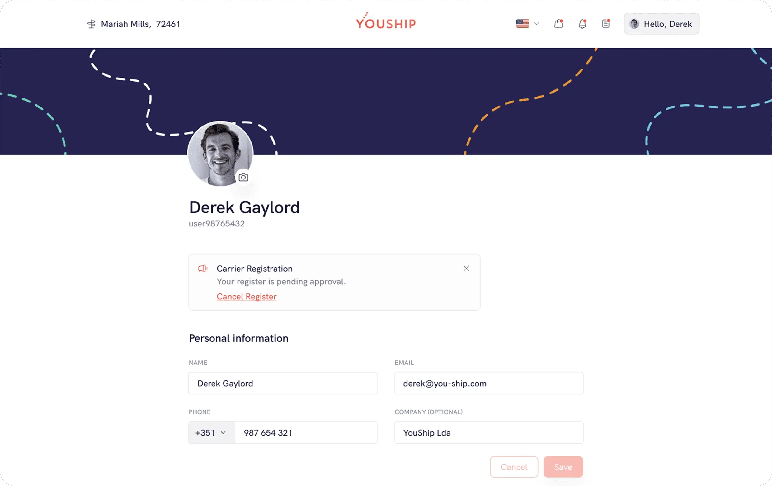 YouShip web app profile page with a pending carrier registration