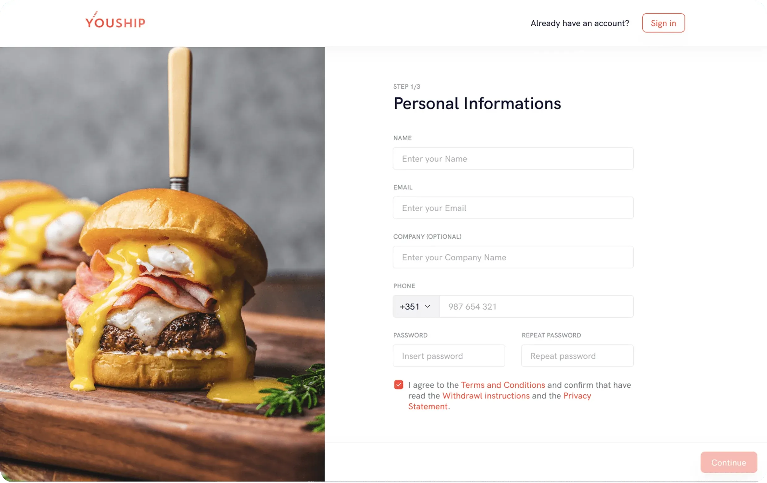 YouShip web app registration form, "Personal Informations", next to a photo of a burger