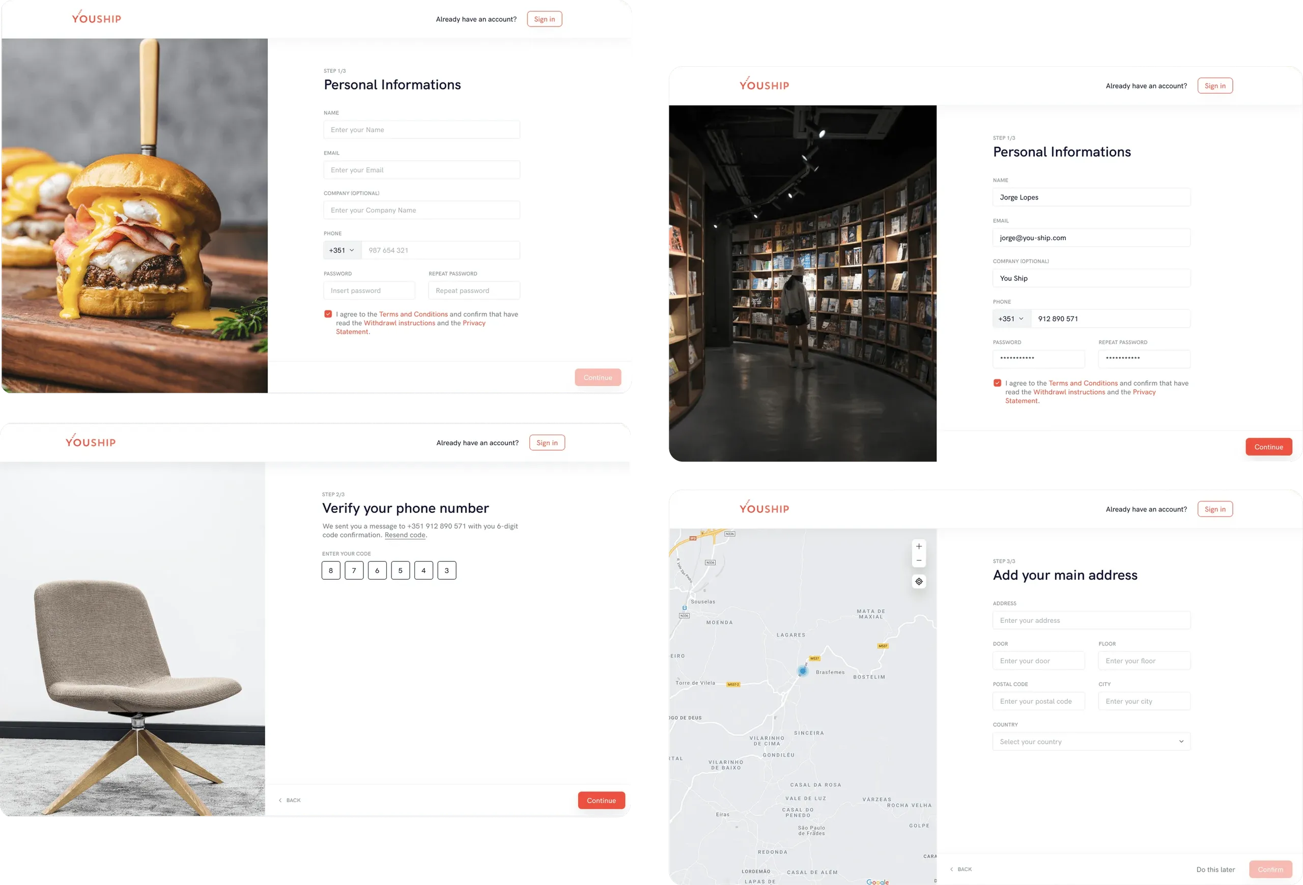 YouShip web app registration screens: personal information, phone verification and main address