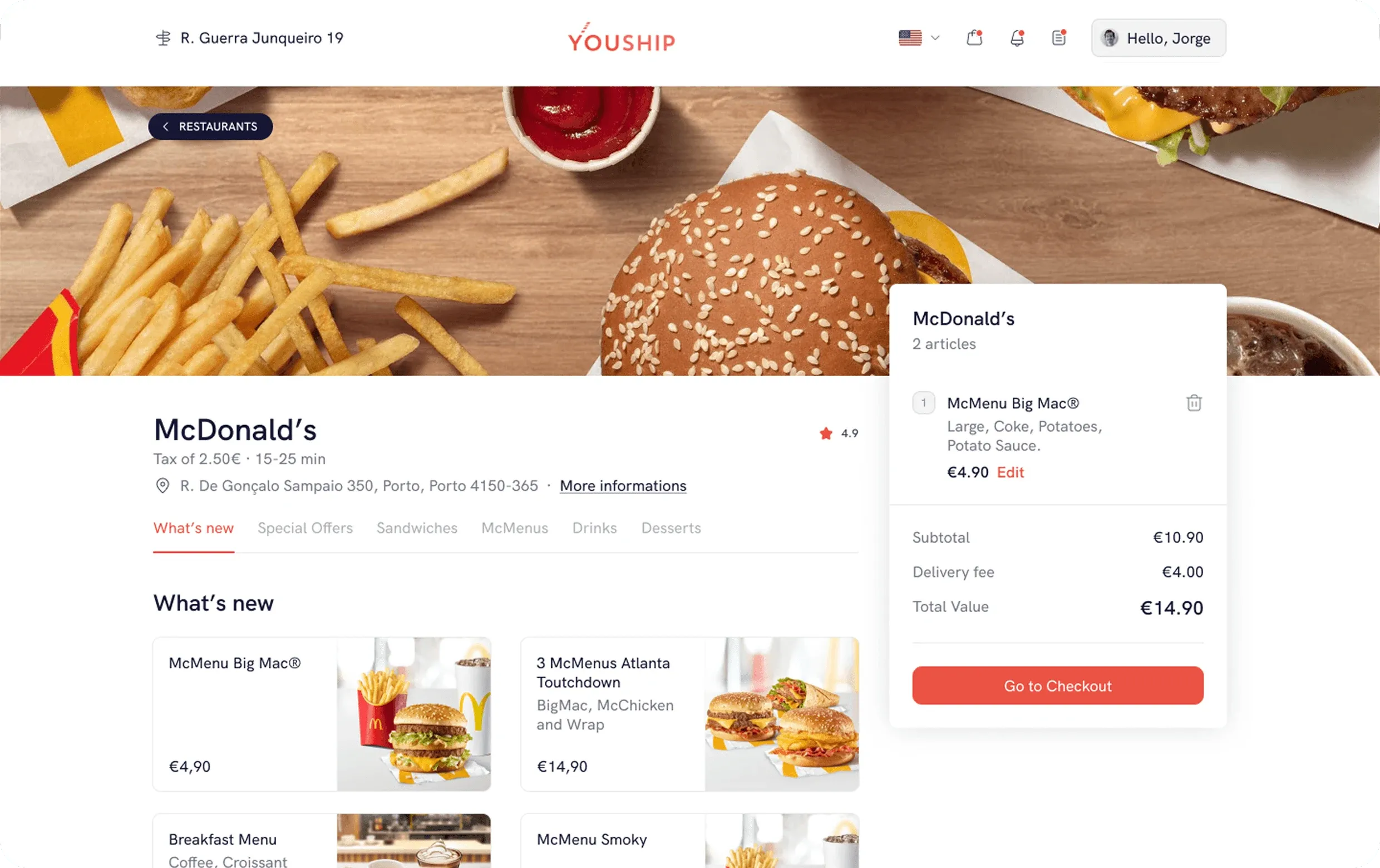 YouShip web app restaurant page for McDonald's with the order summary