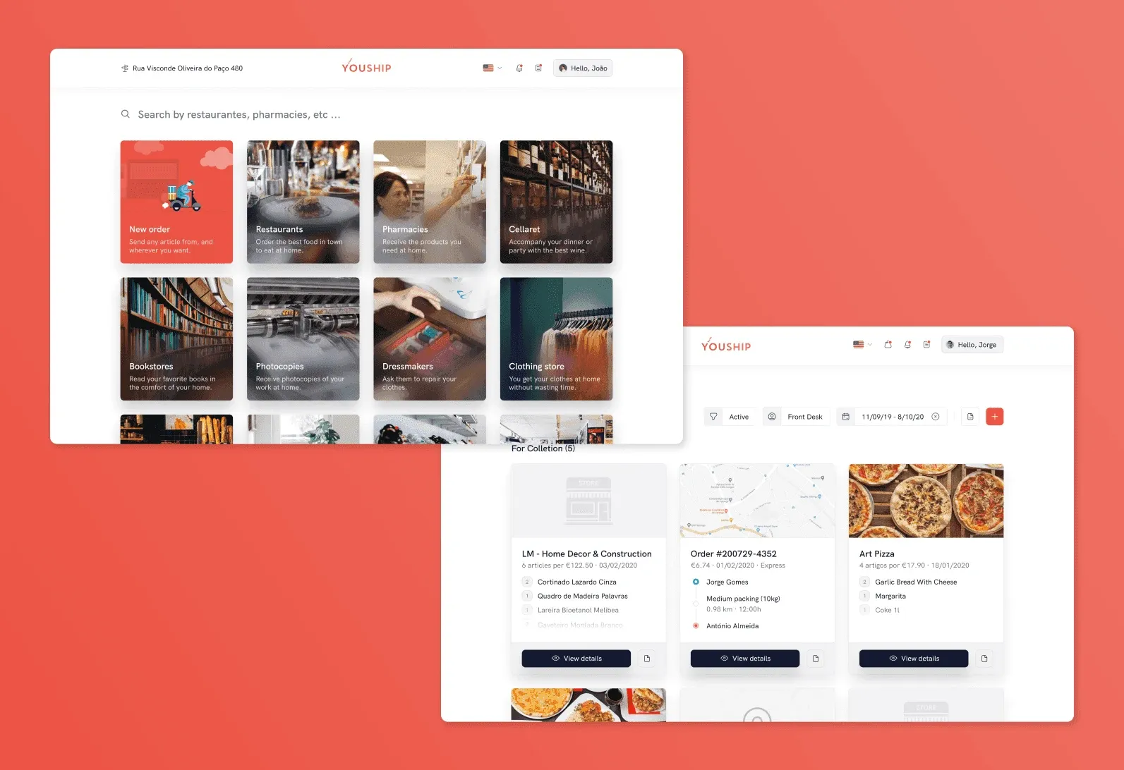 Two Youship web app screens: the browse screen with service category cards, and an orders dashboard showing active deliveries with item lists, delivery routes, and a 'View details' action on each order.