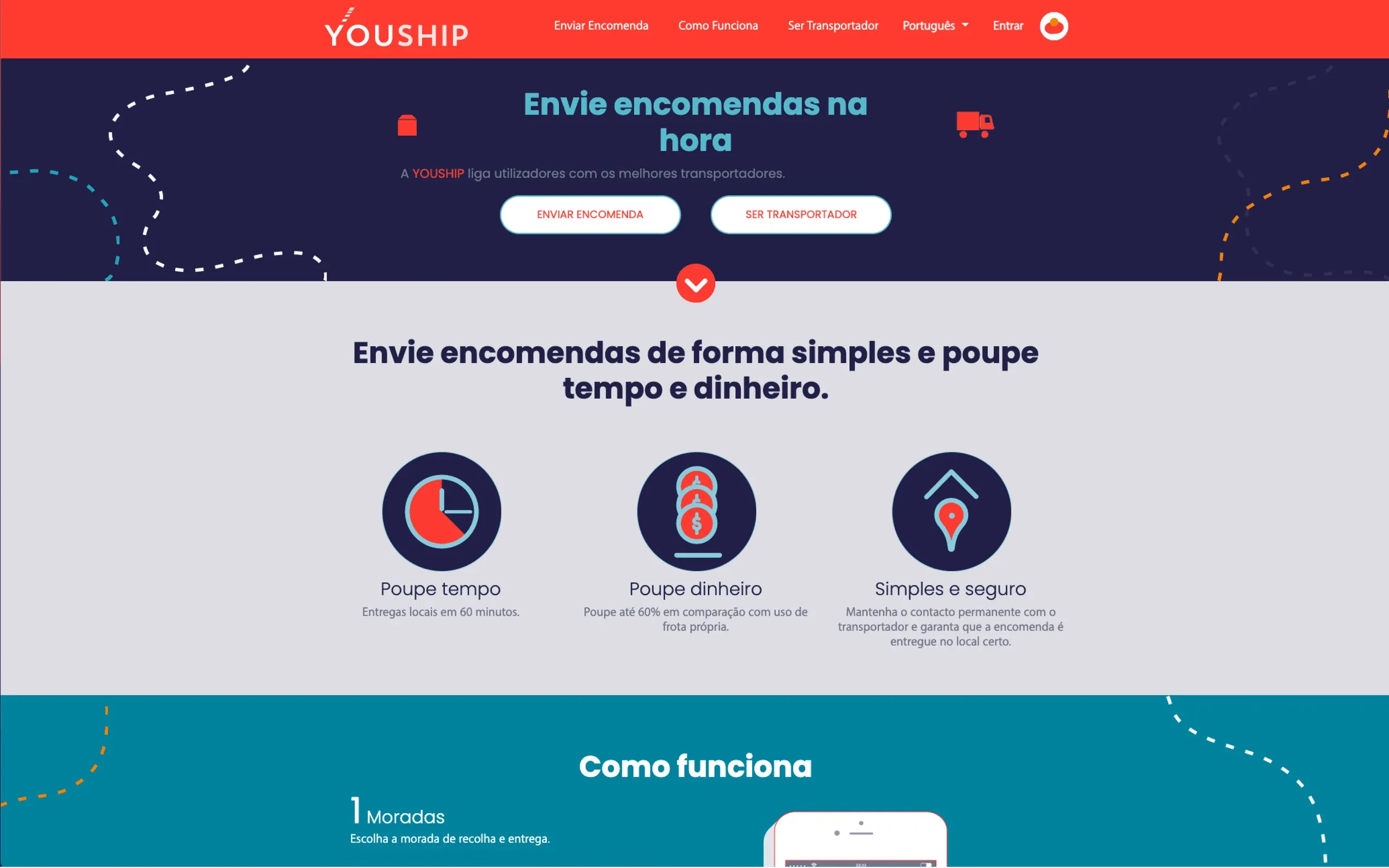 YouShip website before the redesign, "Envie encomendas na hora"