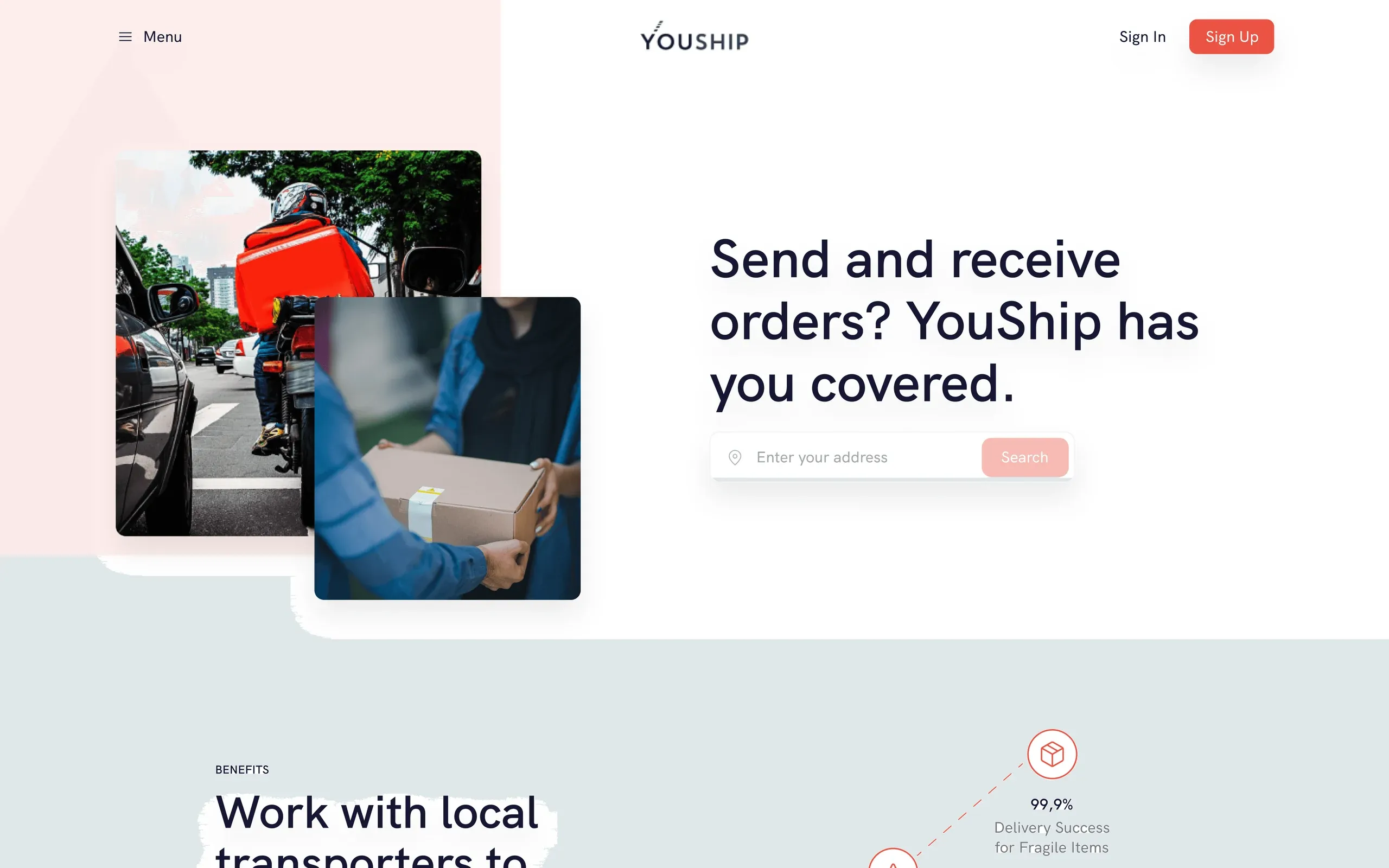YouShip website homepage hero, "Send and receive orders? YouShip has you covered."