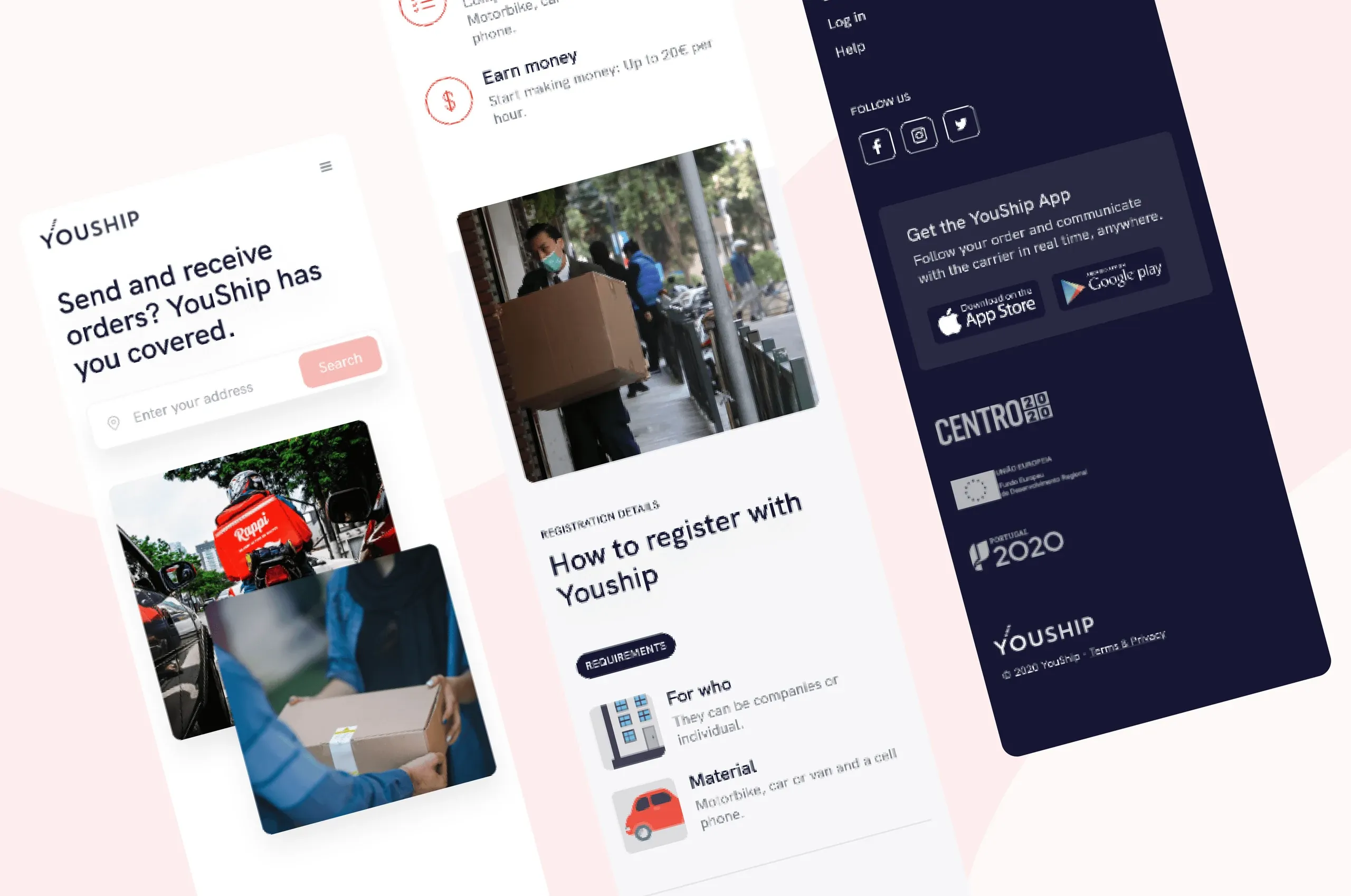 YouShip website mobile screens: the homepage, registration details and the footer