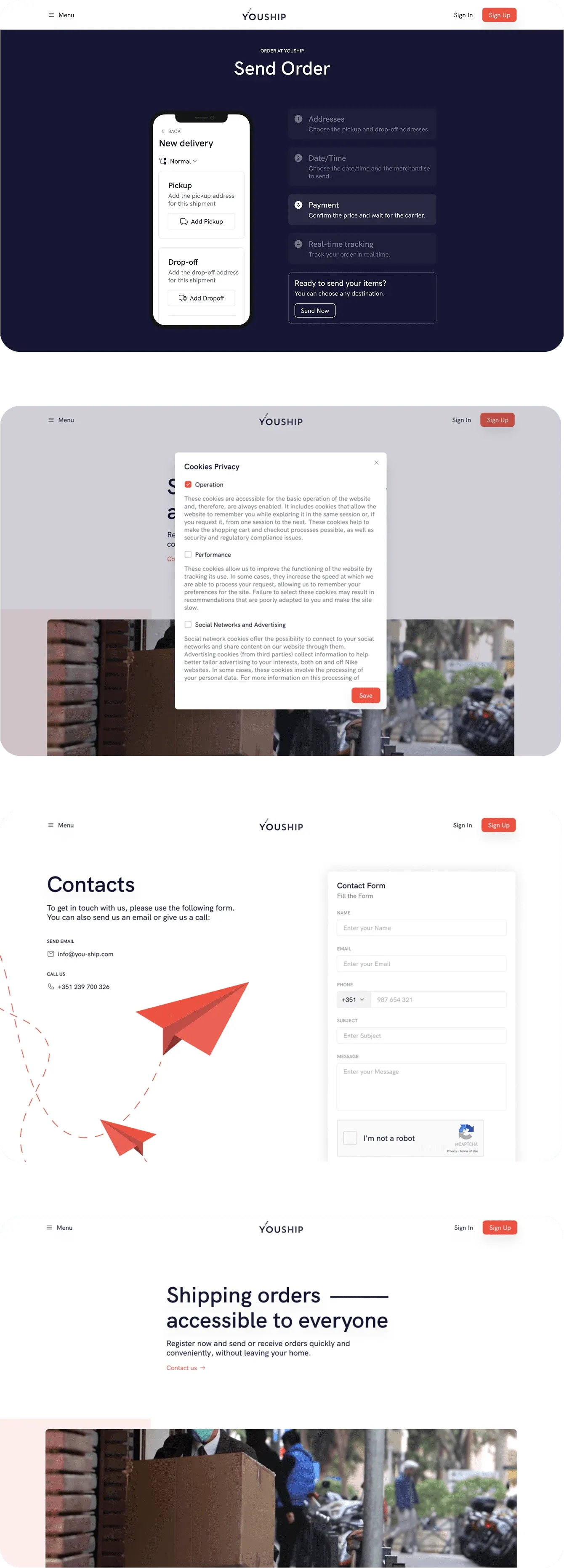 YouShip website pages arranged for a narrower screen