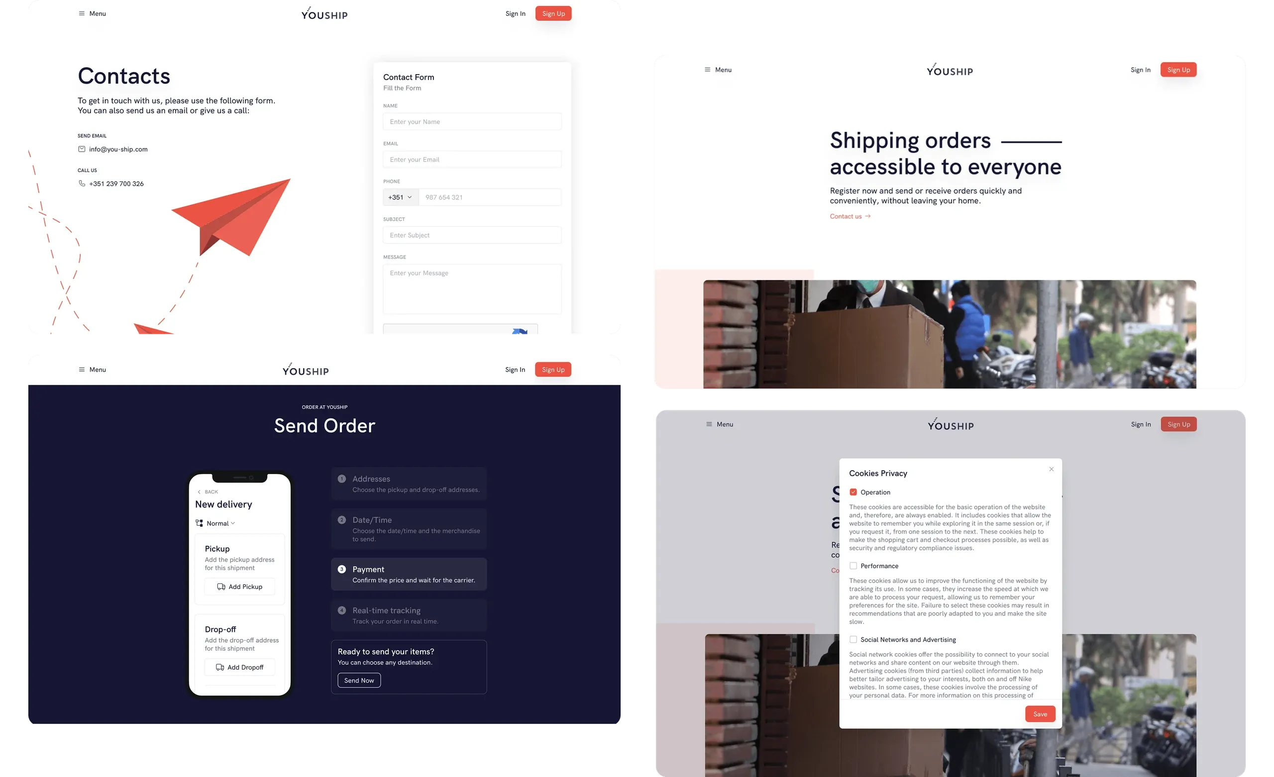 YouShip website pages: contacts, send order, shipping and cookie settings
